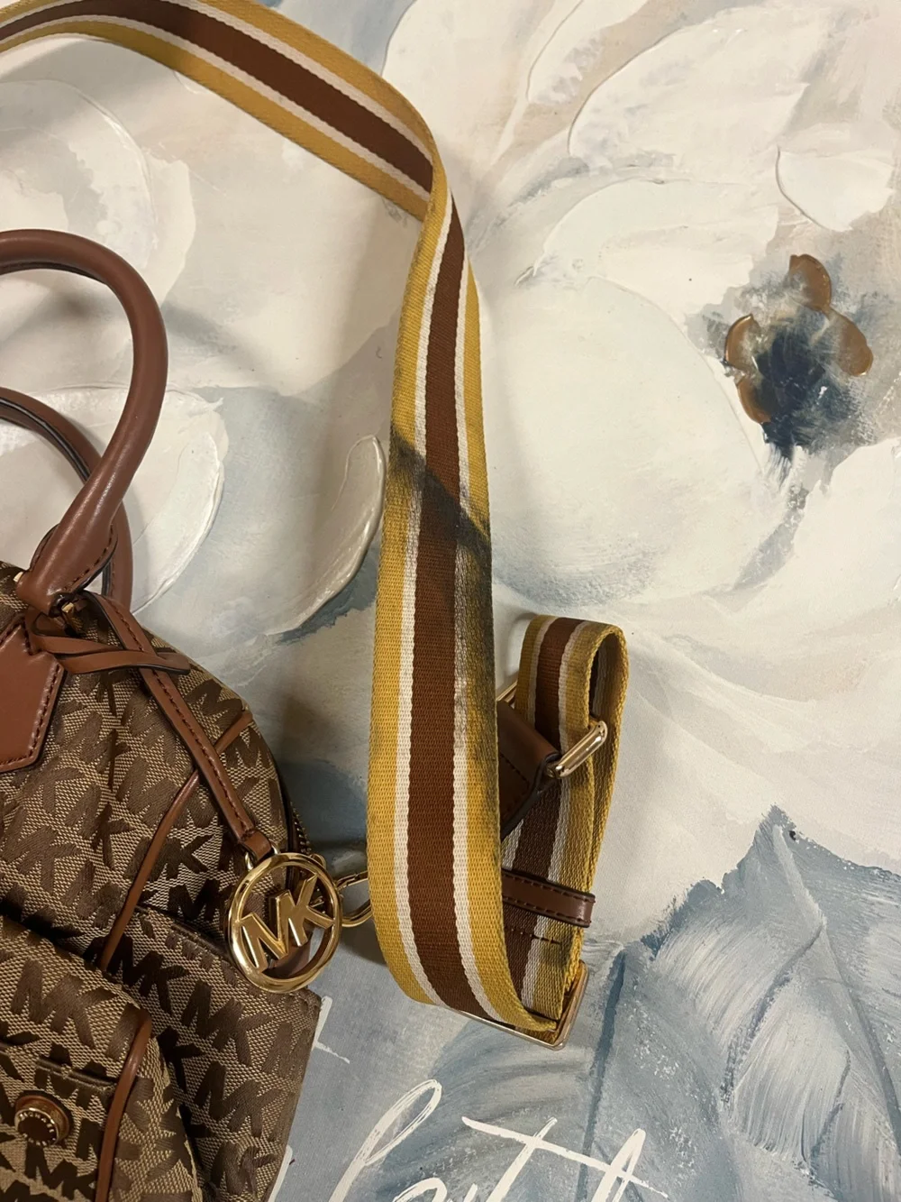 Michael Kors Brown MK Logo Satchel with Striped Yellow-Brown Shoulder Strap